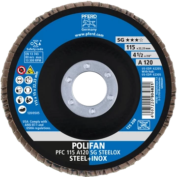 POLIFAN legyezőlapos csiszolókorong PFC 115 A120 SG STEELOX