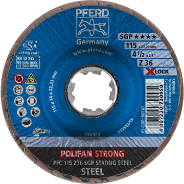 POLIFAN legyezőlapos csiszolókorong PFC 115 Z36 SGP STRONG STEEL/X-LOCK