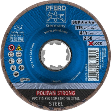 POLIFAN legyezőlapos csiszolókorong PFC 115 Z50 SGP STRONG STEEL/X-LOCK